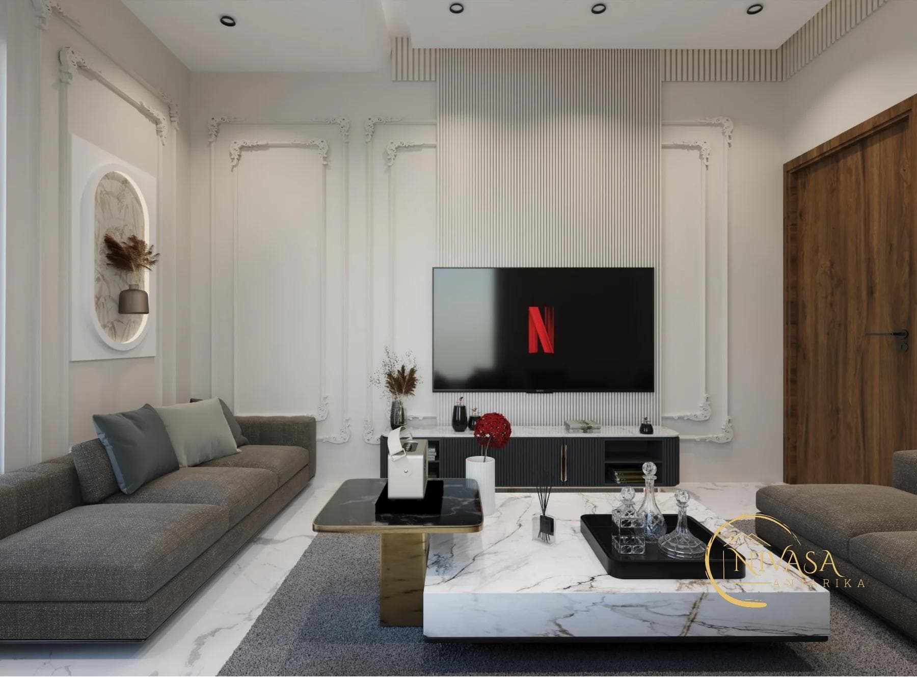 Living room with ivory boiserie panelling, walnut door and marble coffee table