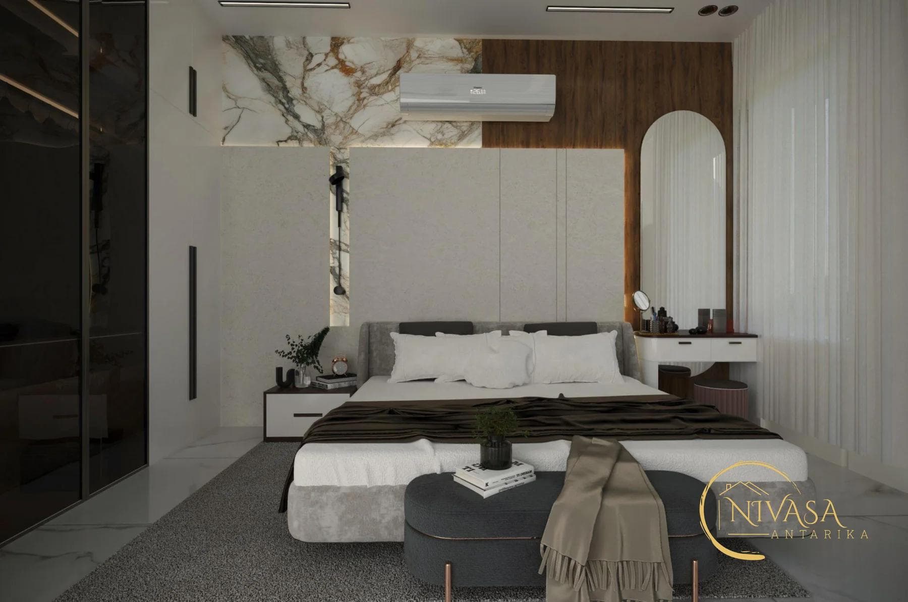 Bedroom with marble accent wall, walnut panelling and arched dressing mirror